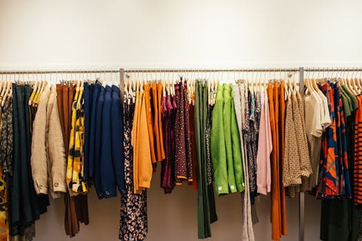 A vibrant display of assorted garments on a rack in a fashion store.